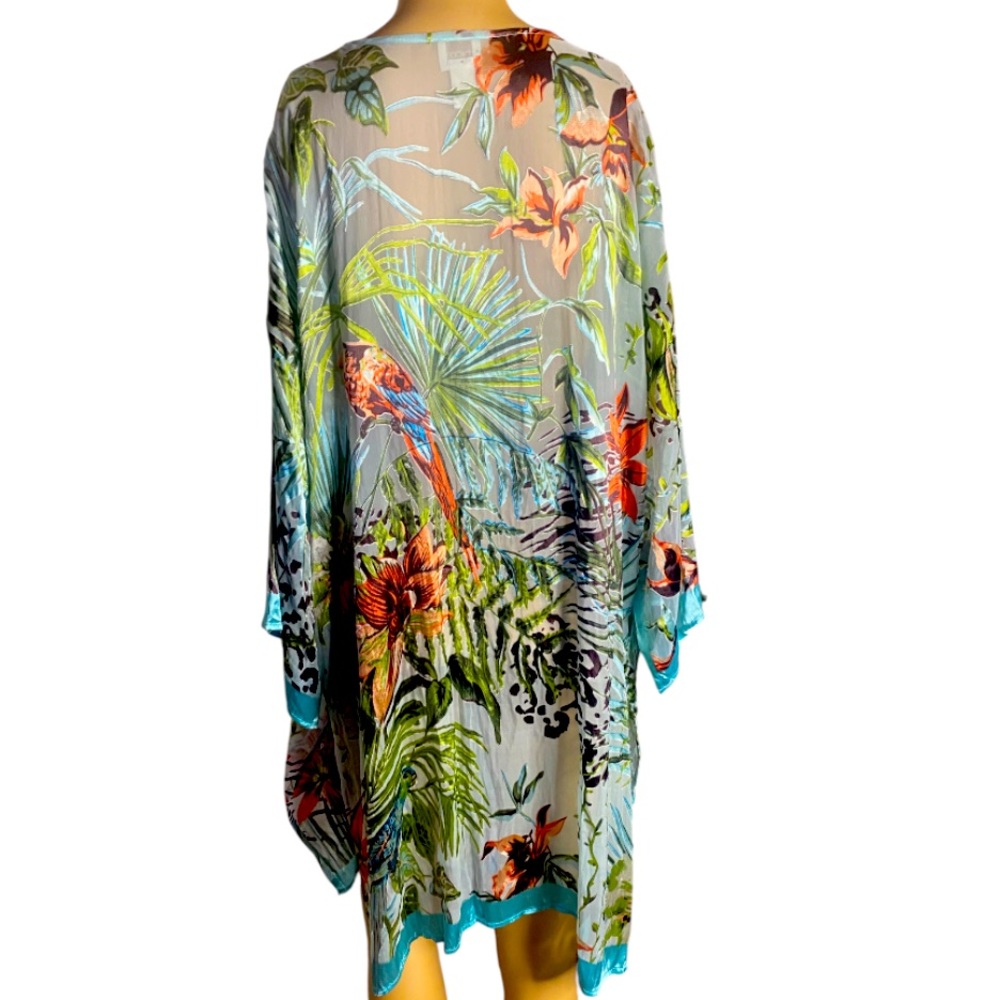 Tropical Floral Sheer Swim Coverup - Turquoise Trim